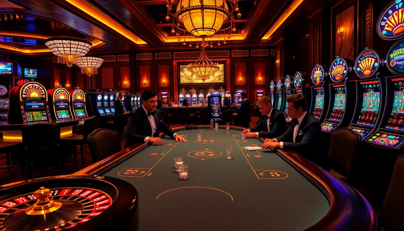 Experience the thrill of Situs Slot Terpercaya in a luxurious casino environment filled with players and vibrant slot machines.