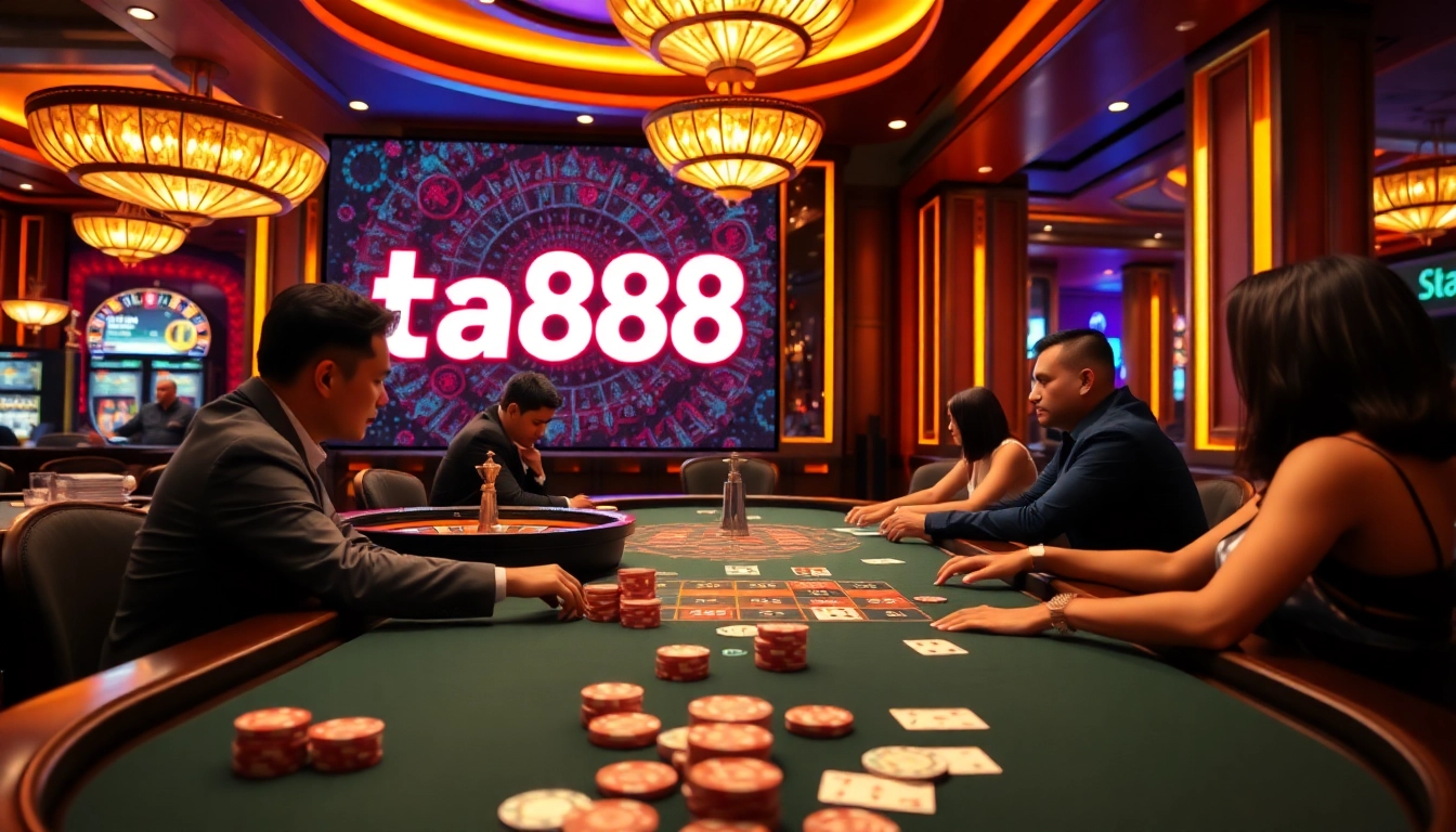 Engaged players enjoying a poker game at TA88, highlighting the luxury and excitement of online gambling.