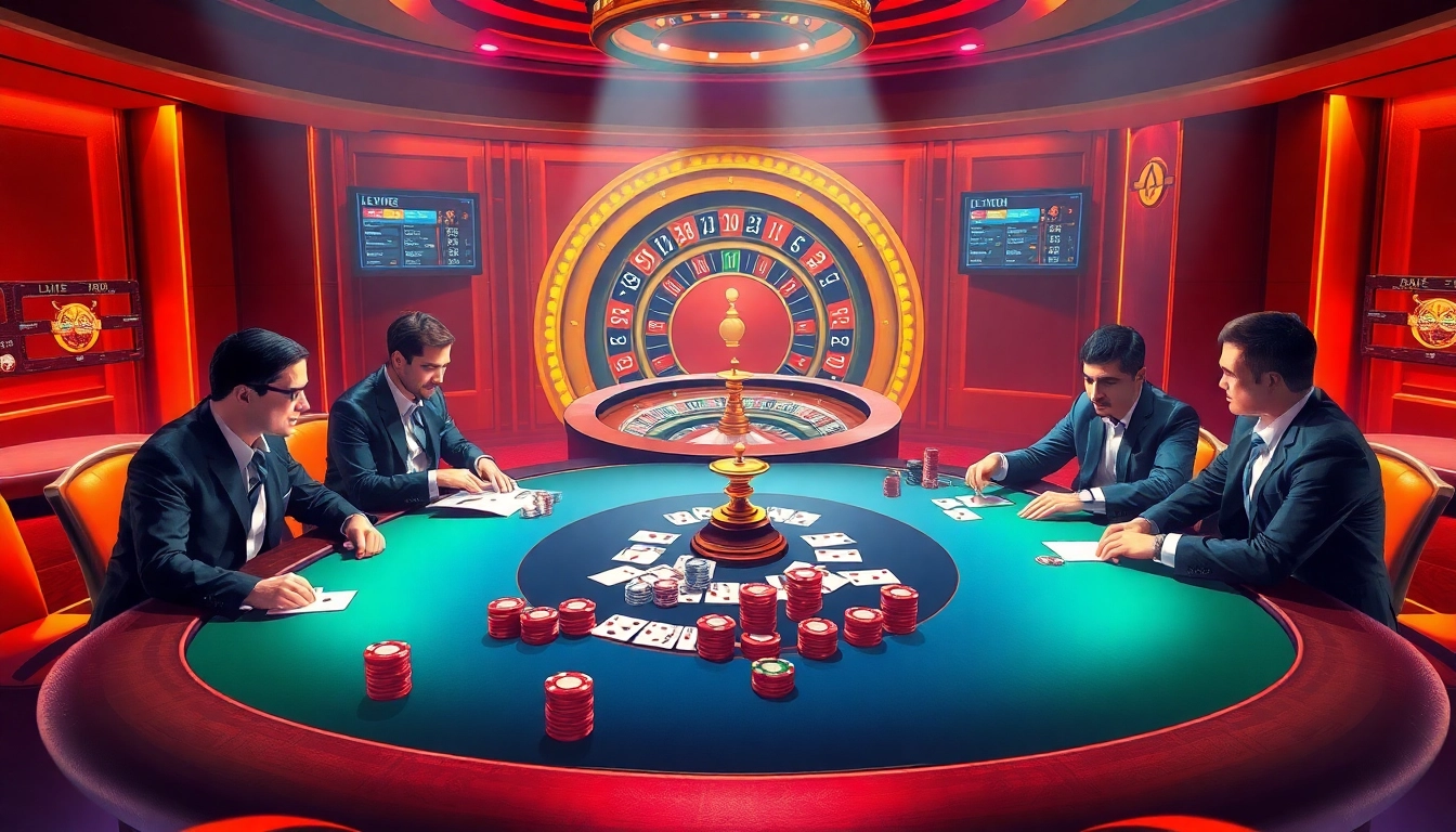 Players engaging in a thrilling poker game at a luxurious casino table showcasing 7mcn betting odds.