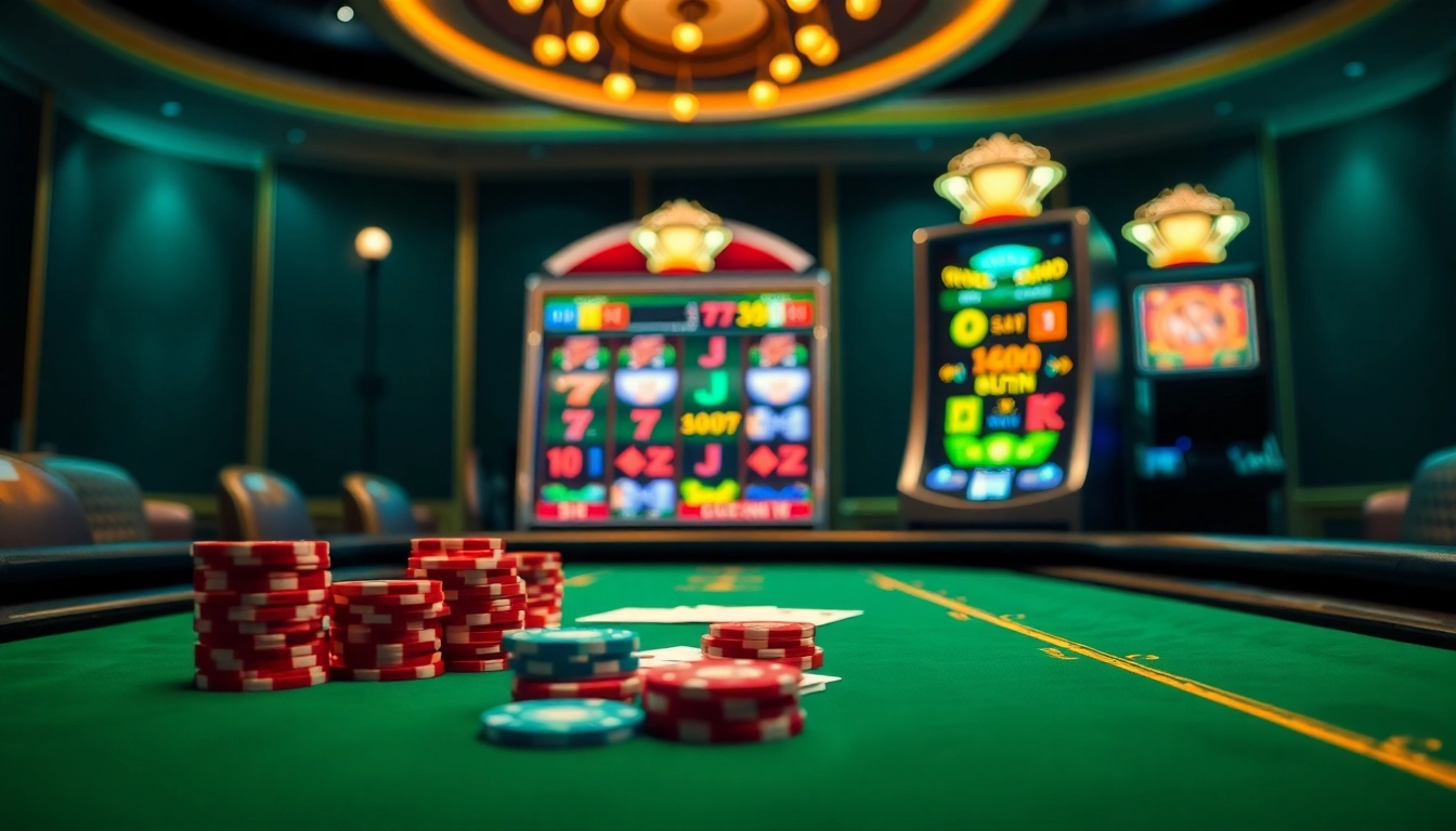 78win casino scene highlighting poker chips and cards on a luxurious table, evoking excitement.