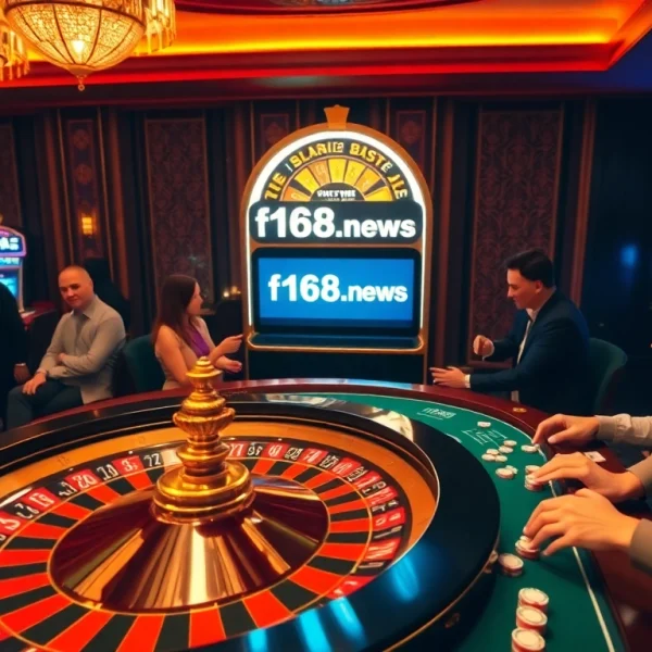 Excited gamblers playing at a luxurious casino showcasing f168.news with vibrant roulette and slot machines.