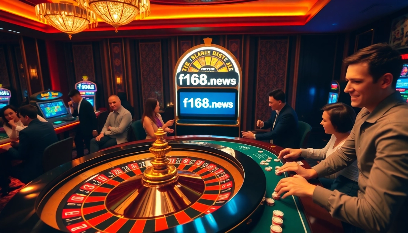 Excited gamblers playing at a luxurious casino showcasing f168.news with vibrant roulette and slot machines.