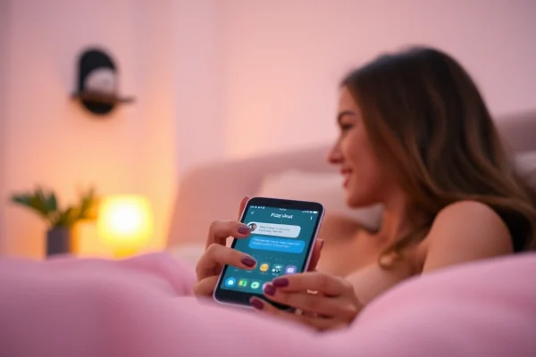 Engaging AI sex chat interaction on a stylish digital device in a warm, inviting setting.