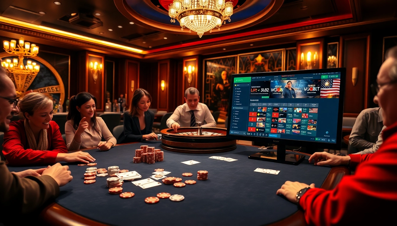 Gambling action at USBET casino with players at poker table and dynamic betting interface.