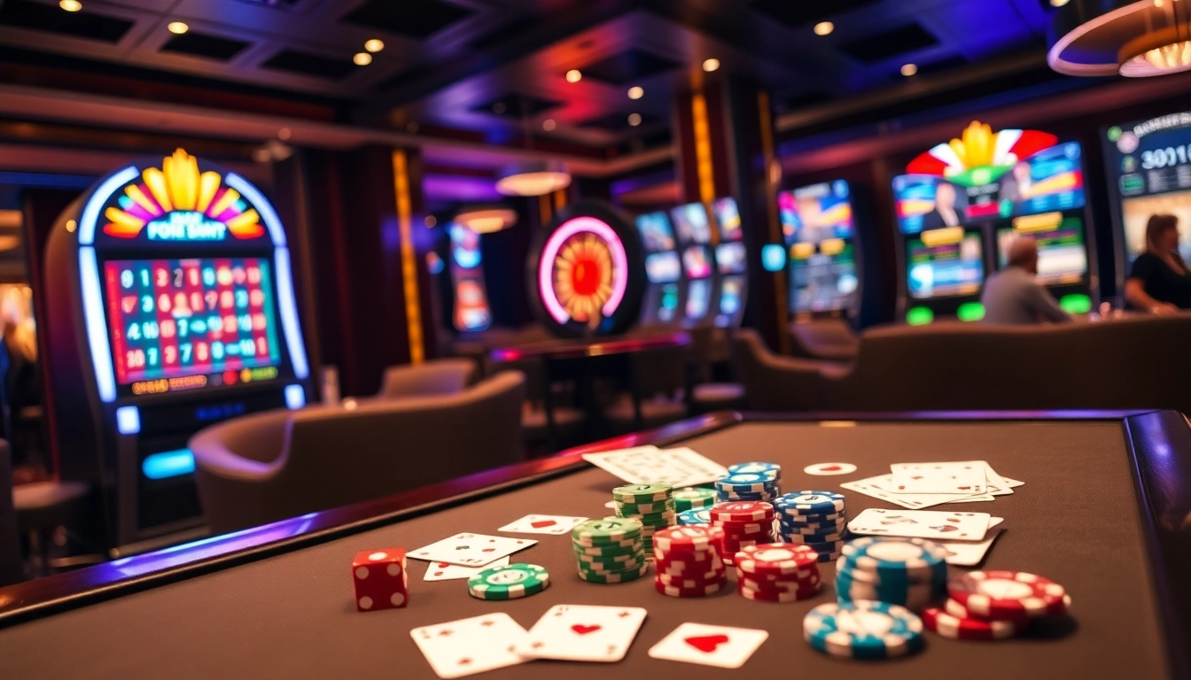 Experience the excitement of gambling at https://jun88buzz.info/ with vibrant casino elements showcasing poker chips and roulette.