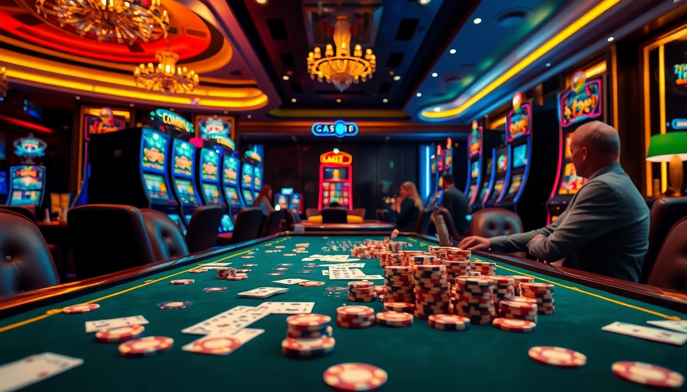 Experience Slot Gacor excitement at a lavish casino table with vibrant gaming machines and eager players.