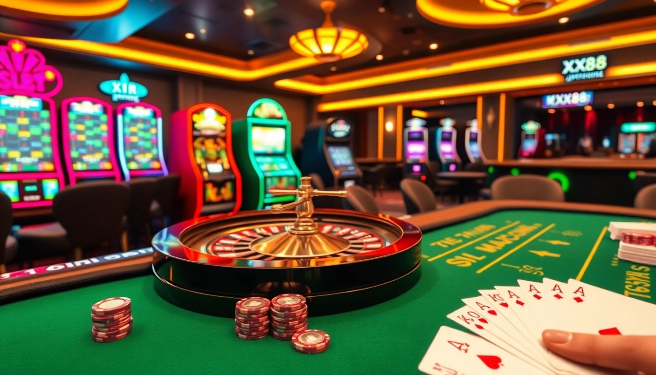 Experience thrilling gaming at XX88 with a luxurious casino scene featuring roulette, slots, and poker.