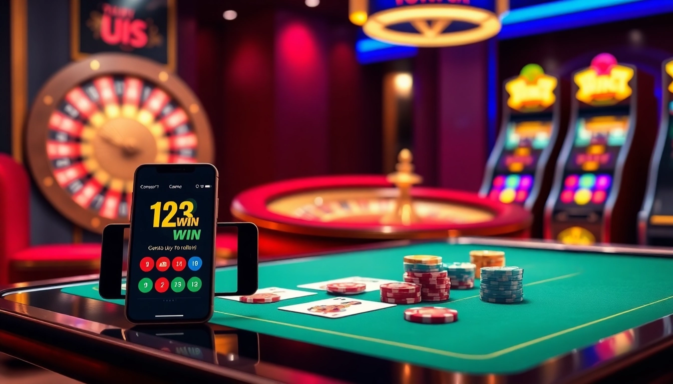 Experience incredible wins at 123WIN with poker chips and vibrant casino games in a luxurious setting.