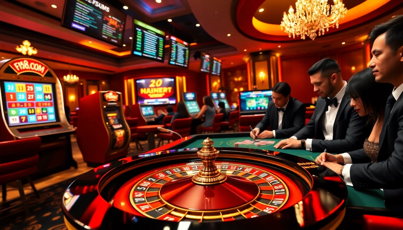 Players enjoying a thrilling game at F168.COM casino with vibrant lights and luxurious decor.