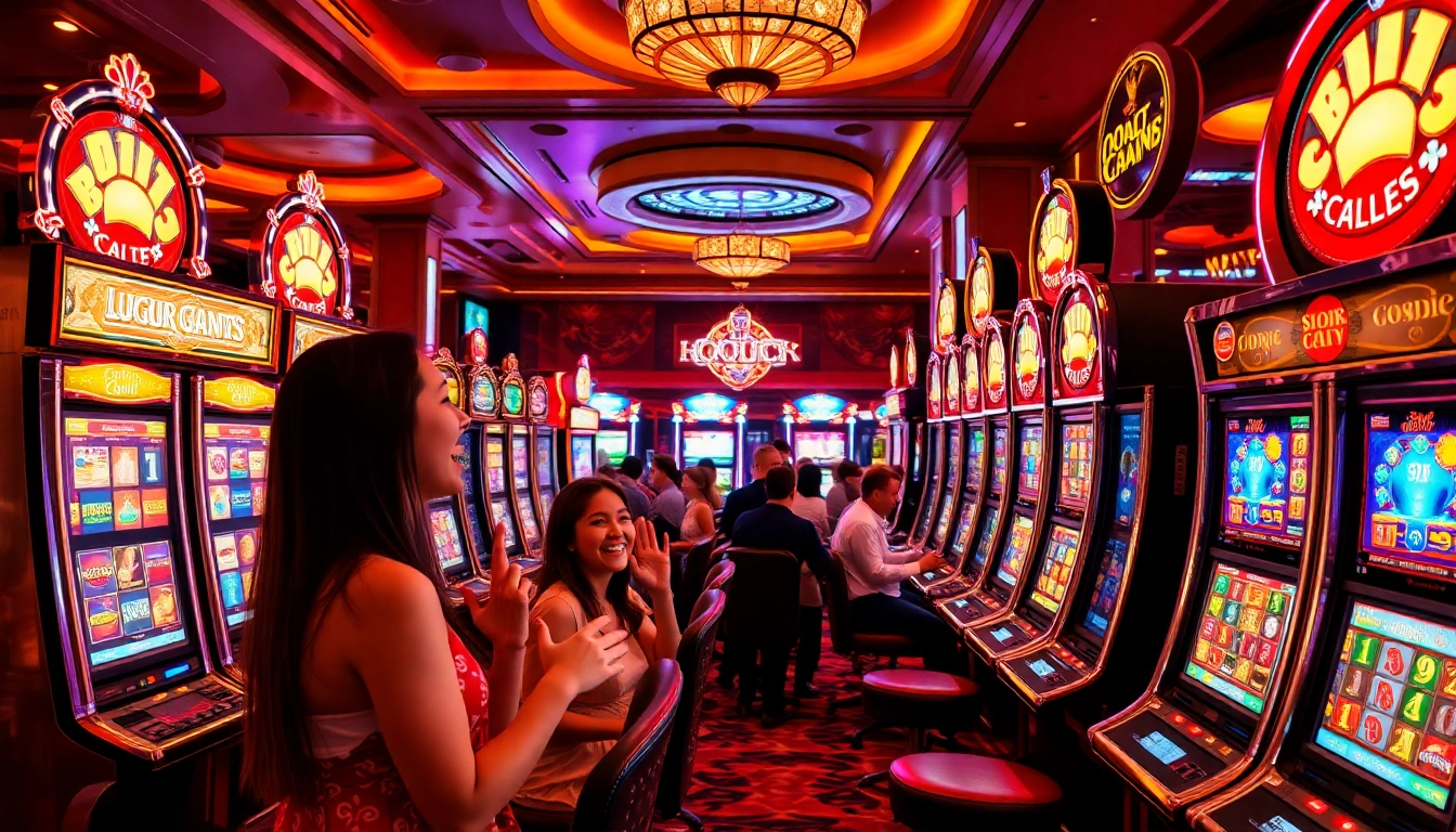 Players enjoy vibrant Slot machines in a luxurious casino, showcasing excitement and anticipation.