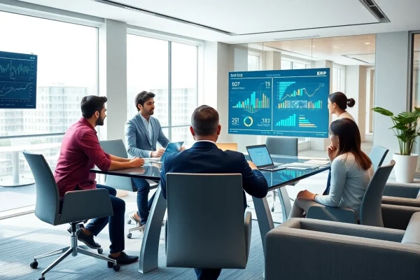 Professionals collaborating in a modern office using ERP yazılım for data-driven decision making.