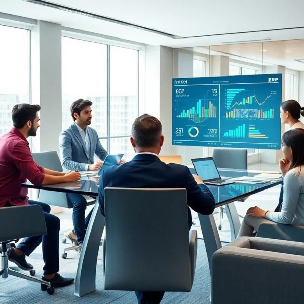 Professionals collaborating in a modern office using ERP yazılım for data-driven decision making.