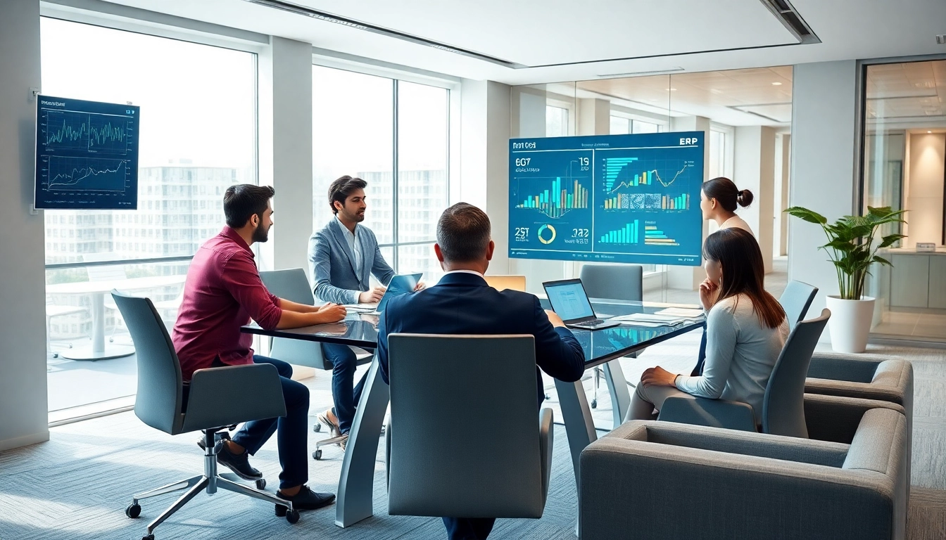 Professionals collaborating in a modern office using ERP yazılım for data-driven decision making.