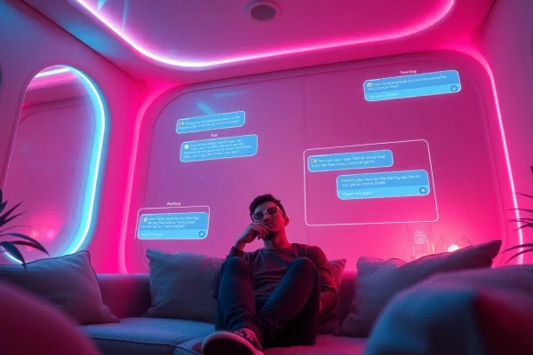 Engaging sexting AI interaction in a cozy digital lounge with holographic chats.