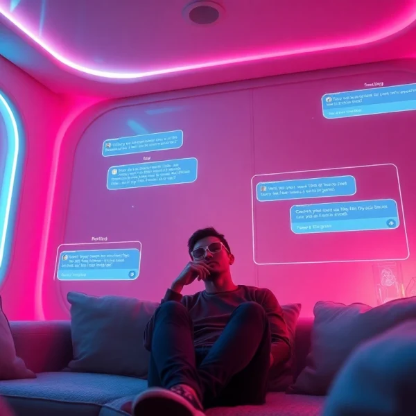 Engaging sexting AI interaction in a cozy digital lounge with holographic chats.