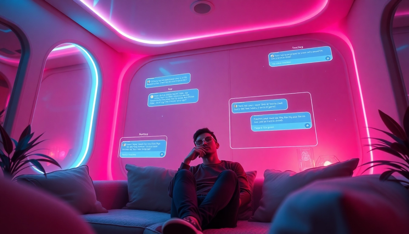 Engaging sexting AI interaction in a cozy digital lounge with holographic chats.