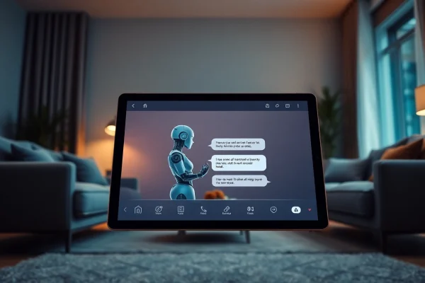 Interactive living room scene featuring a "sex ai" chatbot on a tablet, showcasing modern digital interaction.