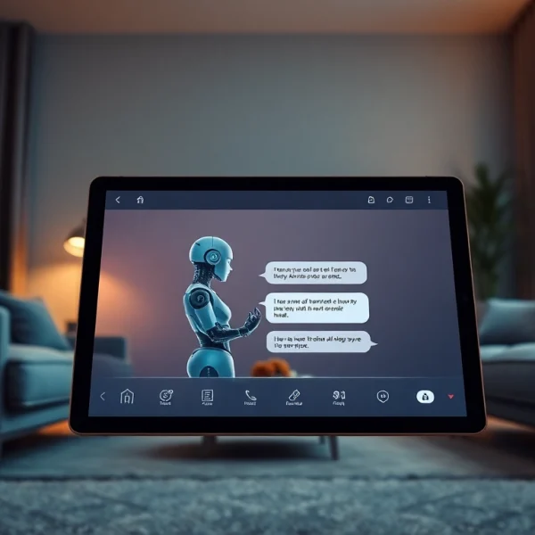 Interactive living room scene featuring a "sex ai" chatbot on a tablet, showcasing modern digital interaction.