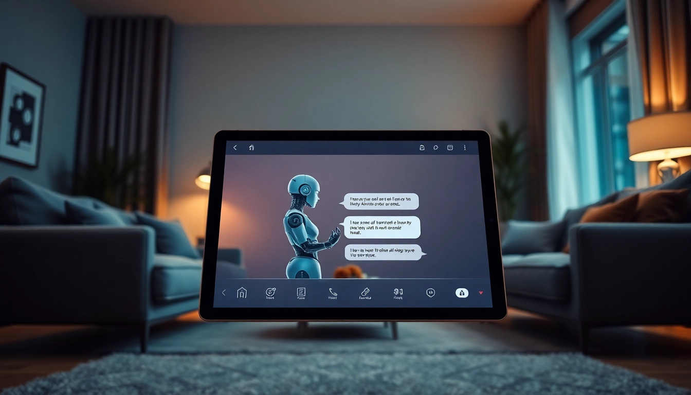 Interactive living room scene featuring a "sex ai" chatbot on a tablet, showcasing modern digital interaction.