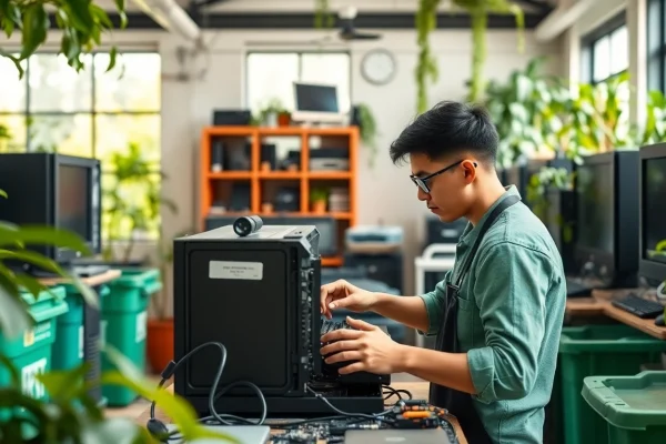 Showcasing free computer disposal process in a professional recycling workshop with organized electronics.