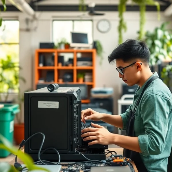 Showcasing free computer disposal process in a professional recycling workshop with organized electronics.