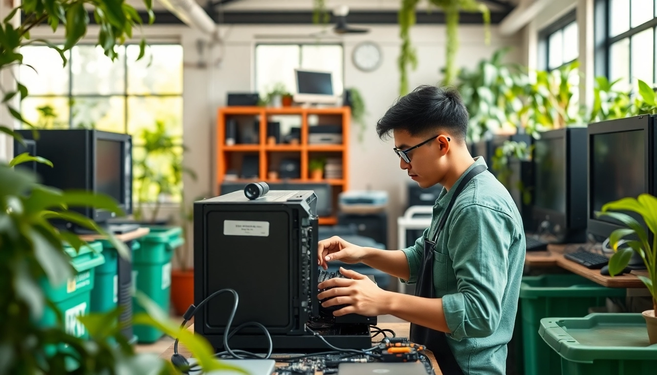 Showcasing free computer disposal process in a professional recycling workshop with organized electronics.
