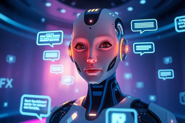 Engaging ai sex chat scene with a futuristic AI chatbot interacting warmly with users.