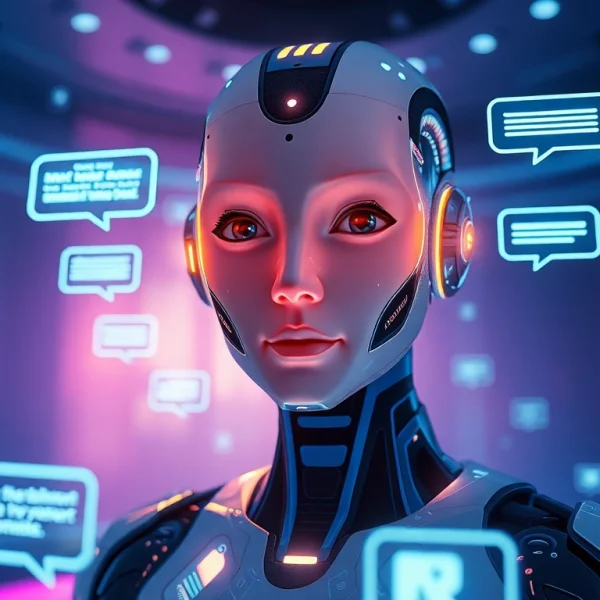 Engaging ai sex chat scene with a futuristic AI chatbot interacting warmly with users.