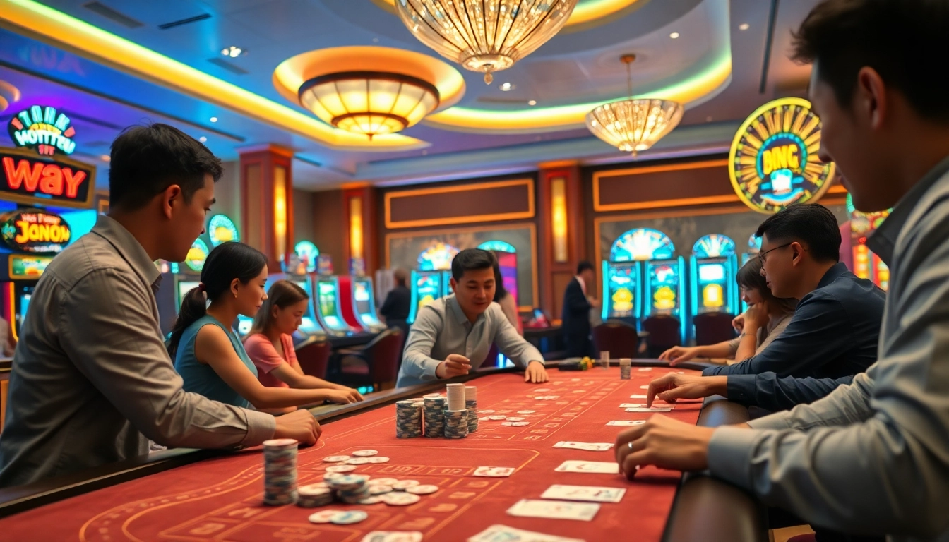 Players enjoying the game quay hủ at a vibrant casino with flashing slot machines and exciting atmosphere.