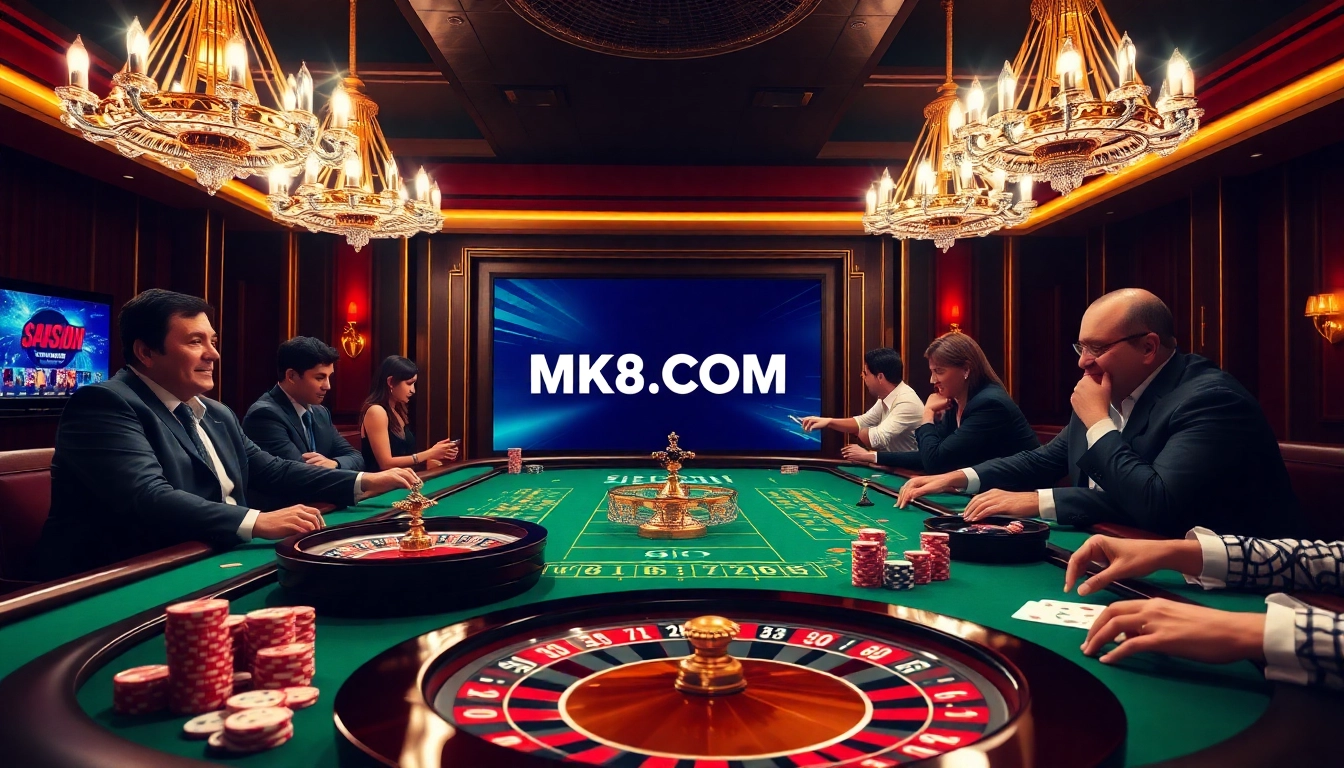 Players engaging at a luxurious MK8.COM casino table with roulette and poker chips, conveying excitement.
