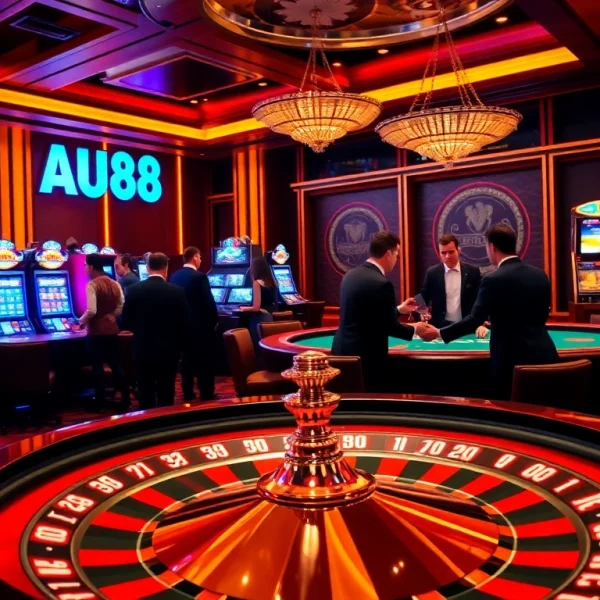 Players enjoy thrilling games at AU88 casino, featuring vibrant slots and an elegant poker table.