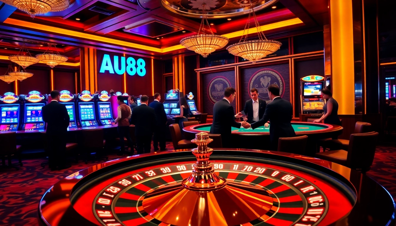 Players enjoy thrilling games at AU88 casino, featuring vibrant slots and an elegant poker table.