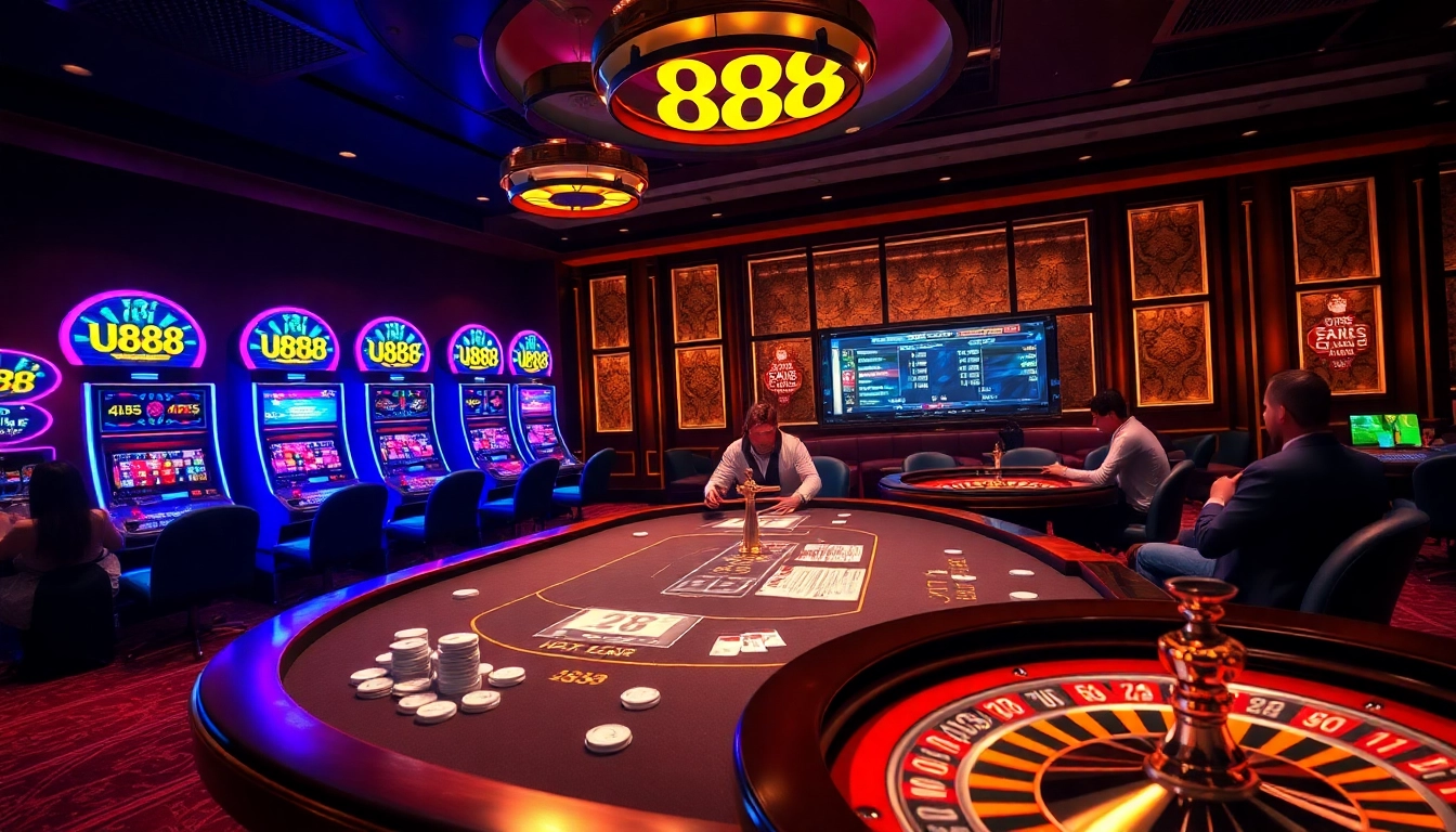 Experience a thrilling game at U888's vibrant casino featuring poker tables and flashing slot machines.