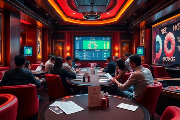 Kèo Bóng Đá enthusiasts analyzing betting options in an elegant sports betting lounge.