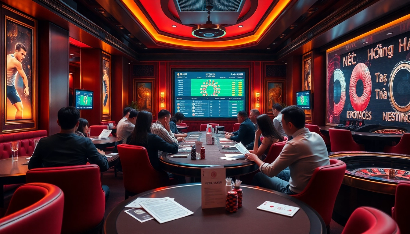 Kèo Bóng Đá enthusiasts analyzing betting options in an elegant sports betting lounge.