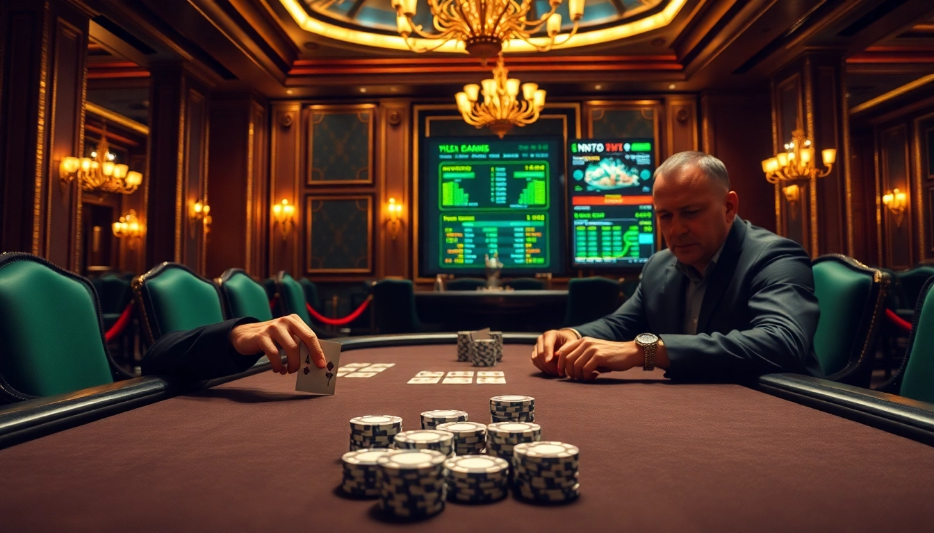 A thrilling poker game scene at vin777 media showcasing players, chips, and a glamorous casino backdrop.