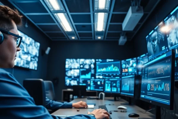 A technician analyzing Types of CCTV analytics in a modern security operations center