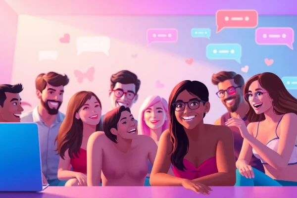 Engaging sexchat scene with diverse avatars in a vibrant virtual room, highlighting playful interactions.
