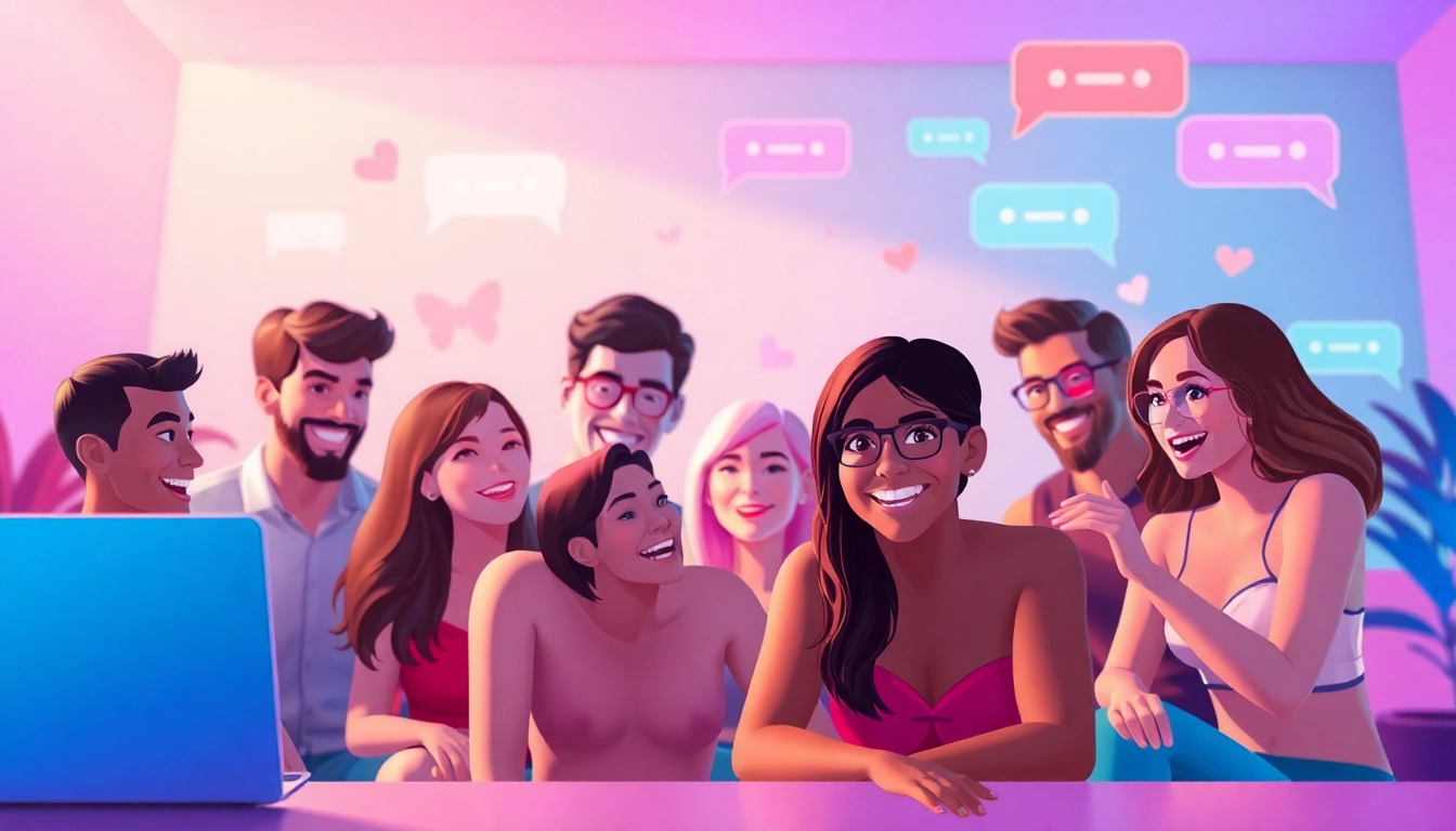 Engaging sexchat scene with diverse avatars in a vibrant virtual room, highlighting playful interactions.