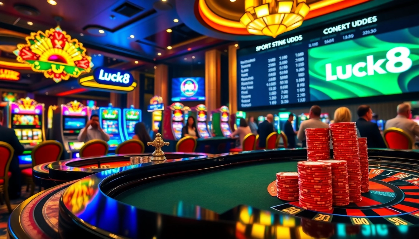 Luck8 casino scene with roulette table and poker chips, showcasing thrilling gameplay atmosphere.