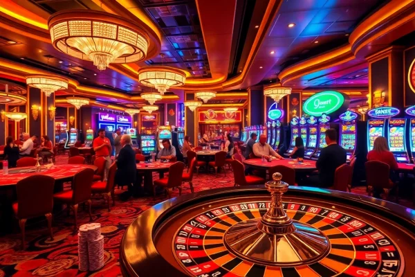 A lively casino scene showcasing 9bet gaming with players at tables and illuminated slot machines.