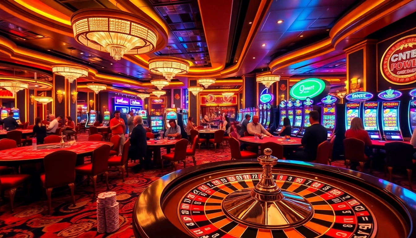 A lively casino scene showcasing 9bet gaming with players at tables and illuminated slot machines.