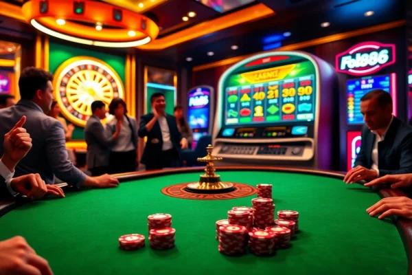 Players engaging with a poker table at Fb88 casino, showcasing the excitement of gambling.