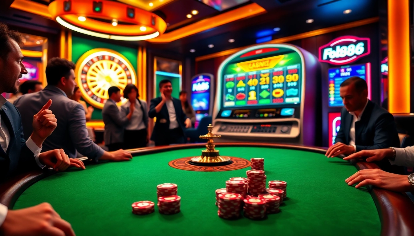 Players engaging with a poker table at Fb88 casino, showcasing the excitement of gambling.