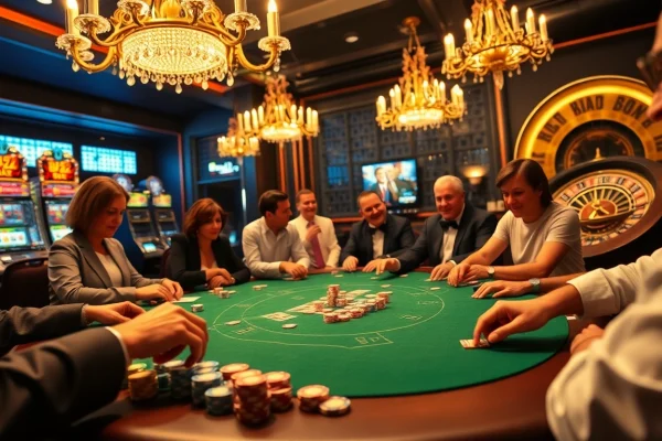 B52-themed casino scene bustling with excitement as gamblers engage at a luxurious poker table.