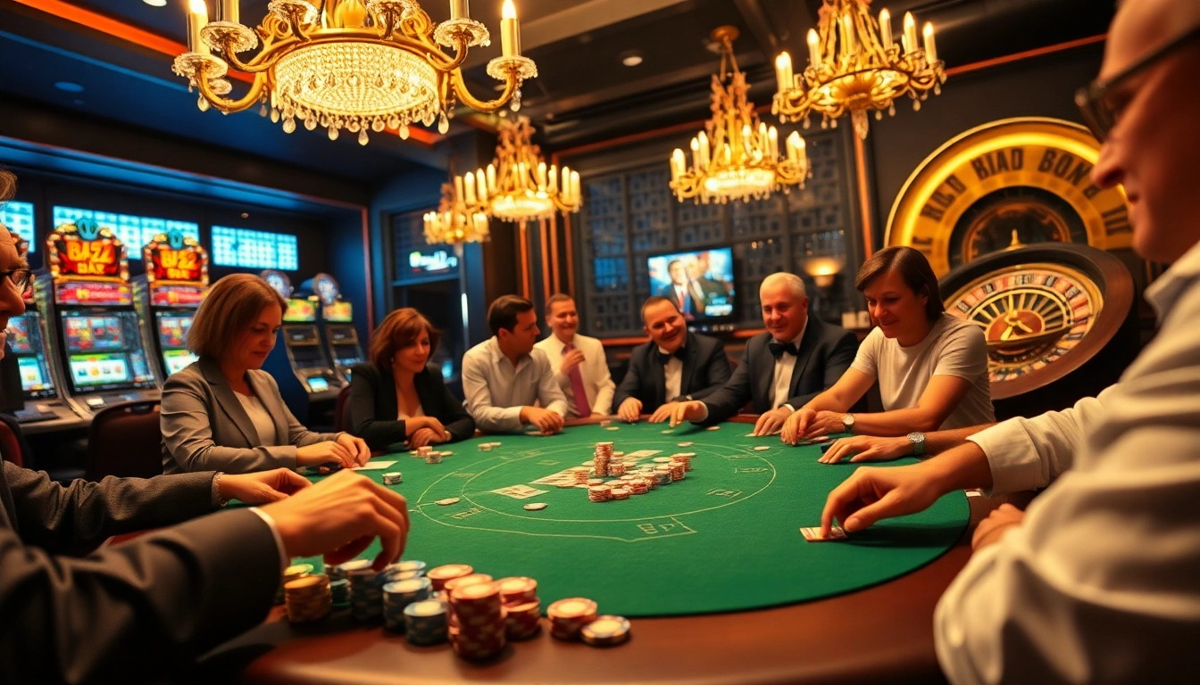 B52-themed casino scene bustling with excitement as gamblers engage at a luxurious poker table.