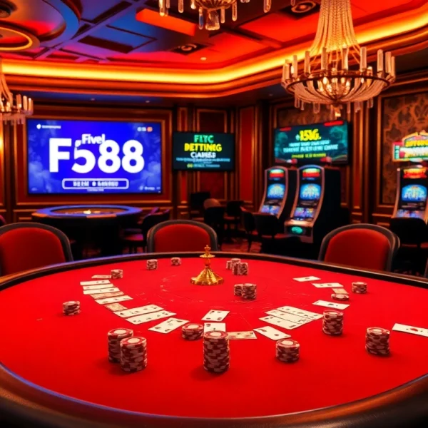 Experience the luxury of five88, featuring a vibrant casino scene with poker tables, roulette, and slot machines.
