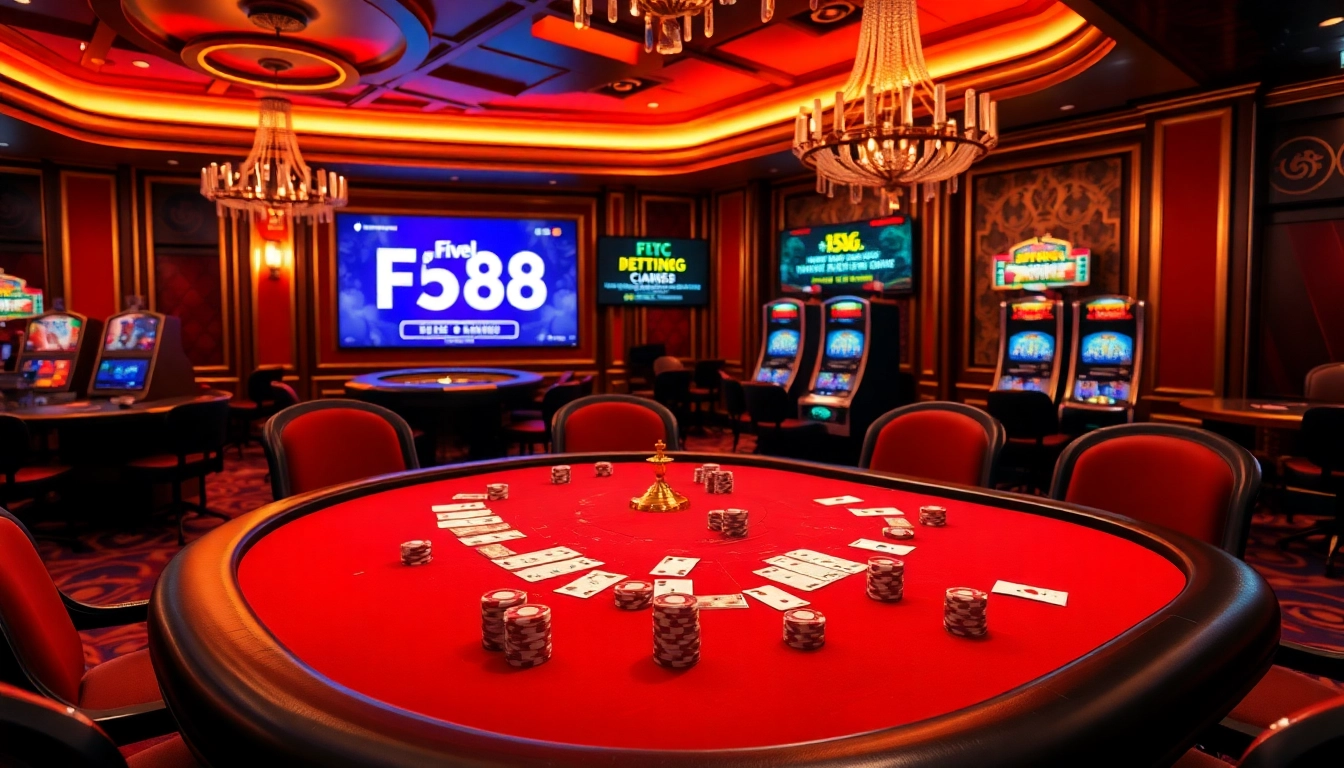 Experience the luxury of five88, featuring a vibrant casino scene with poker tables, roulette, and slot machines.