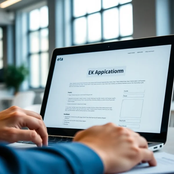 Complete the eta uk application form in a bright, professional office setting.