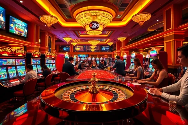 Experience excitement at e2bet's virtual casino featuring vibrant roulette wheels and colorful slot machines.
